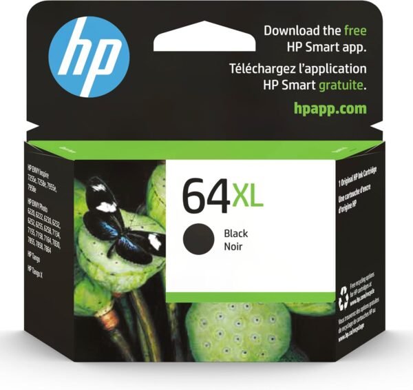 HP 64XL Black High-yield Ink Cartridge | Works with HP ENVY Inspire 7950e; ENVY Photo 6200, 7100, 7800; Tango Series | Eligible for Instant Ink | N9J92AN