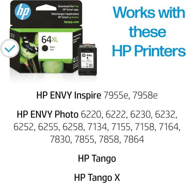 HP 64XL Black High-yield Ink Cartridge | Works with HP ENVY Inspire 7950e; ENVY Photo 6200, 7100, 7800; Tango Series | Eligible for Instant Ink | N9J92AN - Image 2