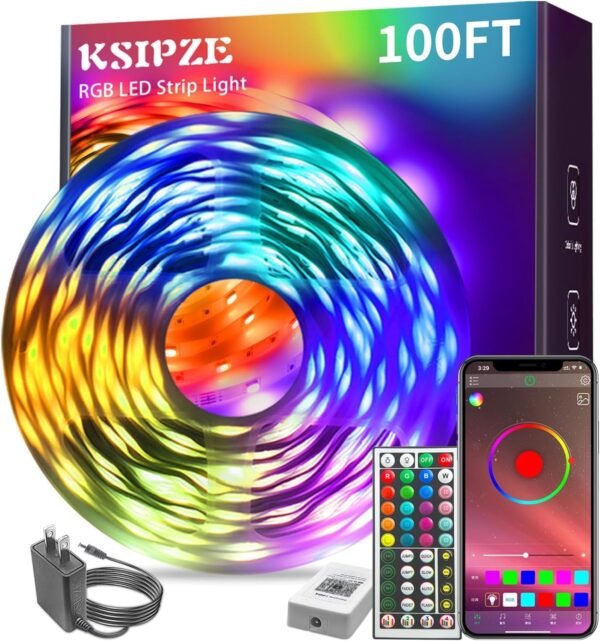 KSIPZE 100ft Led Strip Lights RGB Music Sync Color Changing Bluetooth Led Lights with Smart App Control Remote Led Lights for Bedroom Room Lighting Flexible Home Décor