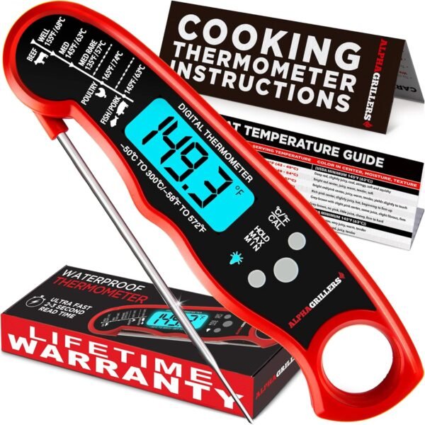 Alpha Grillers Instant Read Meat Thermometer for Cooking Grilling and Griddle Accessories Kitchen Essentials - Waterproof Backlight & Calibration