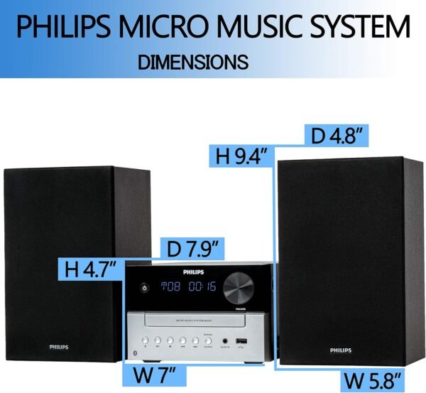 Philips Bluetooth Stereo System for Home with CD Player, Wireless Streaming, MP3, USB, Audio in, FM Radio, 15W, Micro Music Sound System - Image 6