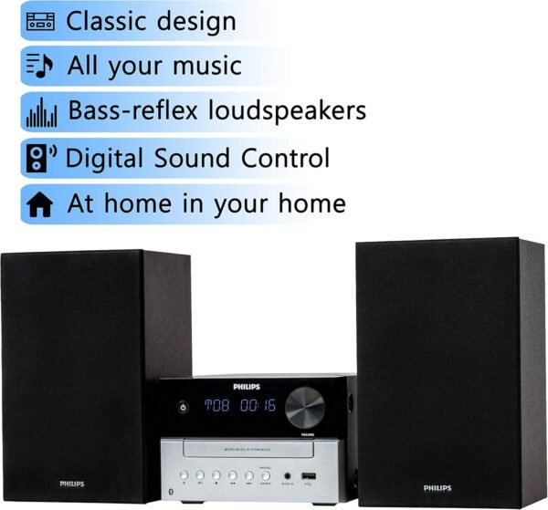 Philips Bluetooth Stereo System for Home with CD Player, Wireless Streaming, MP3, USB, Audio in, FM Radio, 15W, Micro Music Sound System - Image 2